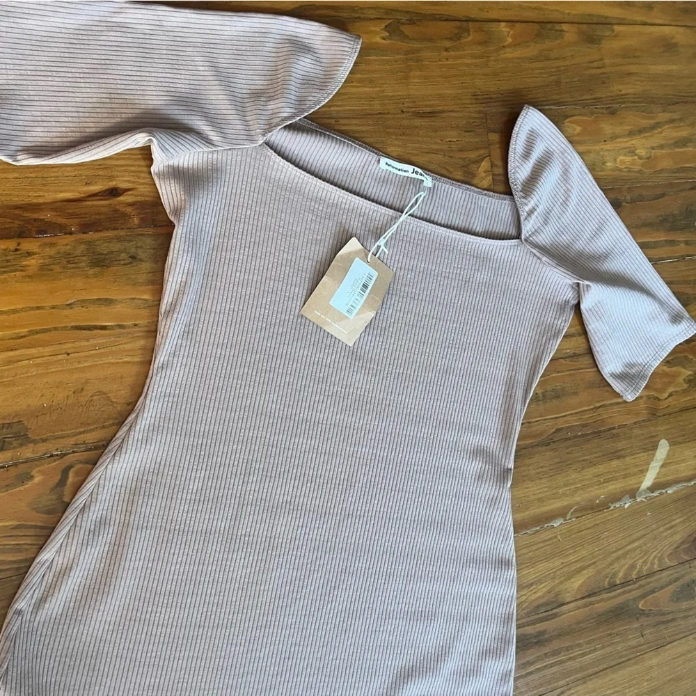 Reformation NEW Tan Sarita Dress Knit Ribbed Square Neck L Mini‎ Dress Bodycon